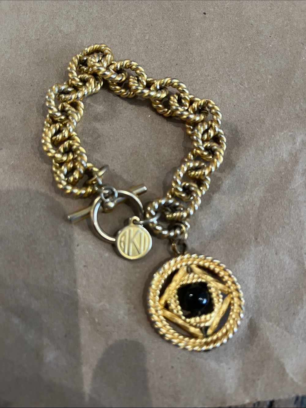 Vintage Anne Klein Gold-Tone Rope Link Bracelet with Black Stone Charm - Initial